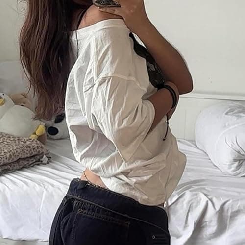 HOHOPEACH Streetwear Grunge One Shoulder Tops Women Teens Oversized Short Sleeve Graphic Tees Y2k Shirt Emo 2000s Clothing thumbnail 3