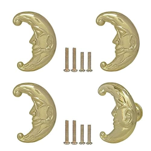 Hetyskluy 4 Pcs Moon Knobs for Cabinets, Vintage Moon Drawer Knob Pulls for Dresser, Wardrobe, Doors, Kitchens, Home Furniture Celestial Deco Hardware, Zinc Alloy Single-Hole Handles (Gold) - Image 1