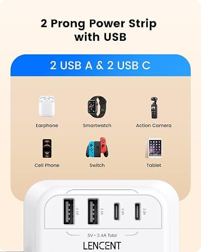 LENCENT 2 Prong Power Strip, 3 to 2 Prong Outlet Adapter, 2 Type C&2 USB, Surge Protector, Polarized Plug, 3-Sided Wide Spaced Extender, Wall Tap Splitter for Non-Grounded Outlets in Old House - with Surge Protector thumbnail 5