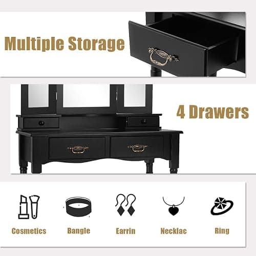 Giantex Vanity Set with Tri-Folding Mirror, Makeup Dressing Table with 4 Drawers and Storage Shelf, Modern Bedroom Bathroom Makeup Vanity Desk with Cushioned Stool for Girls Women (Black) thumbnail 5
