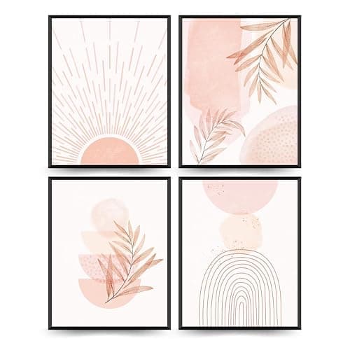 PLKMN Pink Boho Wall Art Prints Set of 4, Abstract Sun Wall Decor Aesthetic, Watercolor Pictures Neutral Pink Prints Decor for Living Room Bedroom Home, 8x10 Prints Unframed Art - Image 1