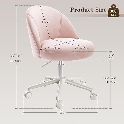 EnHomee Desk Chair with 13" Back Lumbar Support & 20" Wide Seat | Velvet, Rolling Task Chair for Makeup Vanity, Home Office & Young Teen Bedroom, Light Pink thumbnail 2