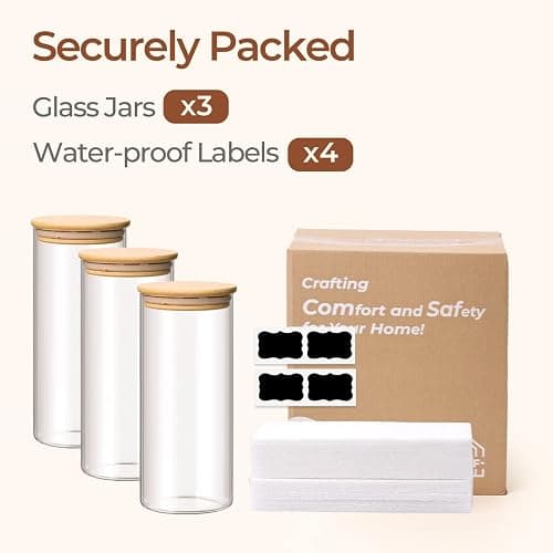 ComSaf 1.7 Qt Glass Storage Containers with Lids, Glass Jars with Lids, Clear Food Storage Jar, Round Canister Set of 3, Pantry Organizers for Pasta Flour Cookie Rice Tea Coffee Bean thumbnail 8