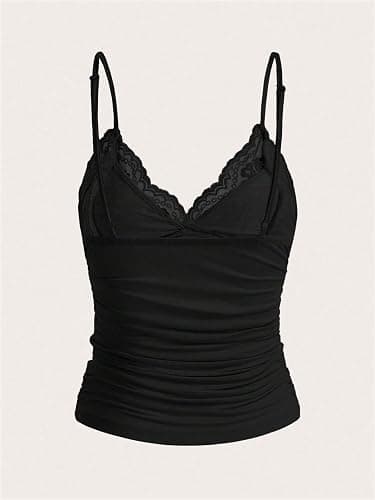 LOFAAC Women Sexy Y2K V Neck Lace Patchwork Cami Shirt Cute Slim Fit Sleeveless Spaghetti Strap Going Out Camisole Tank thumbnail 2