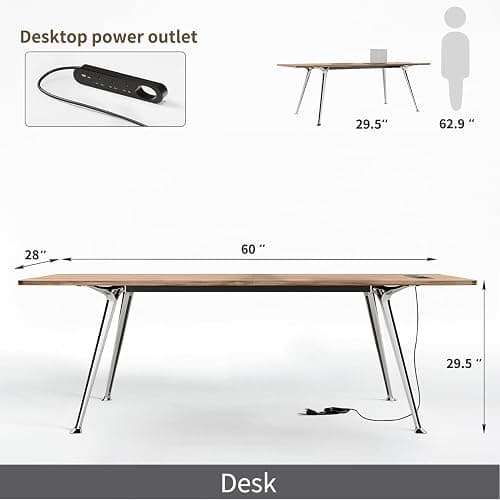 60-Inch Executive Desk, Modern Desk for Home Office, Wooden Study Writing Work Table with Power Outlets and USB-C Port, Large Legroom, Sturdy Metal Frame, Mid-Century Modern Simple, Light Brown thumbnail 3
