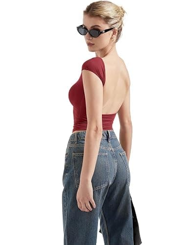 SUUKSESS Women Backless Sexy Going Out Tops Double Lined Open Back Y2k Basic Tee Shirts thumbnail 2
