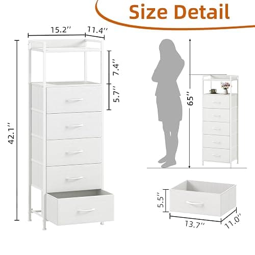 Somdot White Tall Night Stand for Bedroom,Tall 5 Drawers Dresser, Vertical Storage Tower Unit, Nightstand Furniture with Fabric Drawer Organizer in Bedside Kids Dorm Room Closet Laundry Entryway thumbnail 3