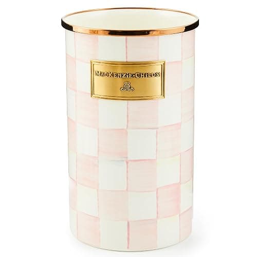 MACKENZIE-CHILDS Enamel Utensil Holder, Kitchen Utensil Holder for Countertop, Storage Caddy, Pink-and-White Rosy Check - Image 1