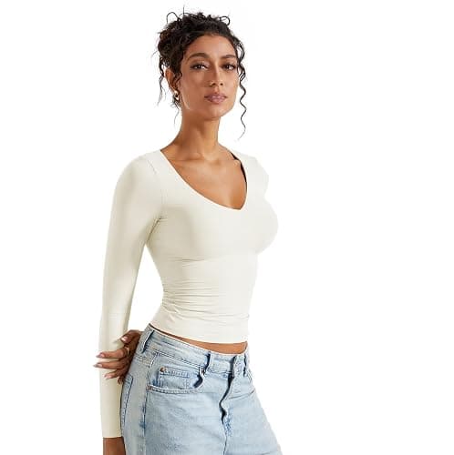 SUUKSESS Women Double Lined Casual V Neck Crop Tank Tops Basic Long Sleeve Shirts thumbnail 6