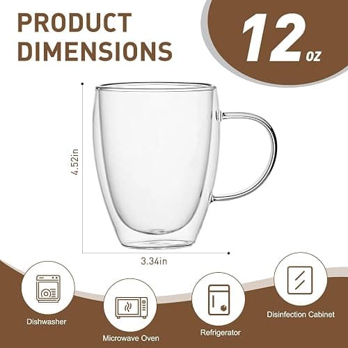 12 Oz Double Walled Glass Coffee Mugs with Handle, Insulated Layer Coffee Cups, Clear Borosilicate Glass Mugs - Gift for Cappuccino,Tea,Latte,Espresso,Hot Beverage,Cold Drinks, Set of 2 thumbnail 3