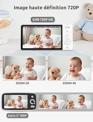 GHB Babyphone Camera Bebe Surveillance 5" LCD Rotation de 350° Baby Phone 2,4 GHz VOX Mode Capteur de Température Communication Bidirectionnelle 8 Berceuses Vision Nocturne sans WiFi thumbnail 7