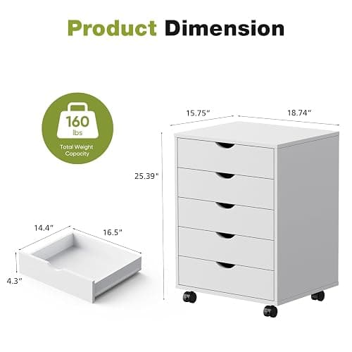 Sweetcrispy 5 Drawer Chest Mobile Storage Cabinets Small Wooden Dresser with Wheels Room Organization Furniture for Office Home, White Wood thumbnail 3
