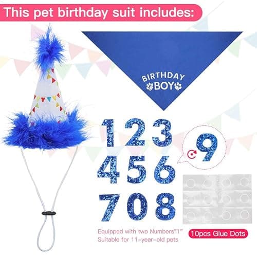 BINGPET Dog Birthday Party Supplies,Dog Birthday Hat Bandana Set,Soft Birthday Boy Triangle Scarf and Number Hat, Cute Birthday Party Supplies with 0-8 Figures for Small Medium Large Dogs Pets thumbnail 2