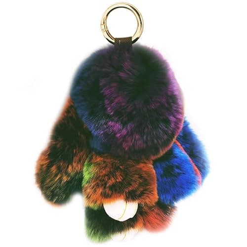 jtkdxqs Soft Cute Bunny Keychain Artificial Rainbow Rabbit Fur Plush Fluffy Pom pom Key Ring for Women - Image 1