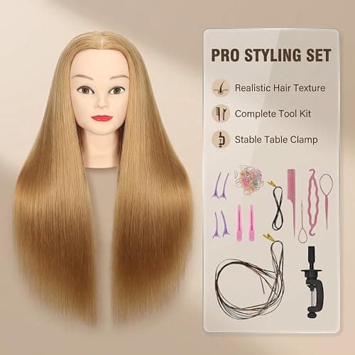 100% Real Hair Mannequin Head Training Head Manikin Cosmetology Doll Head for Hairdresser Practice Braiding Hair Styling with Clamp stand (26-28inch) thumbnail 2