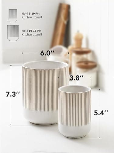 LE TAUCI Utensil Holder, 7.3"+5.4" Ceramic Kitchen Utensil Holder for Countertop, Large Cooking Utensil Crocks Gift for Mom, Boho Farmhouse Kitchen Decor, Set of 2, Reactive Glaze Arctic White - Glaze Arctic White thumbnail 3