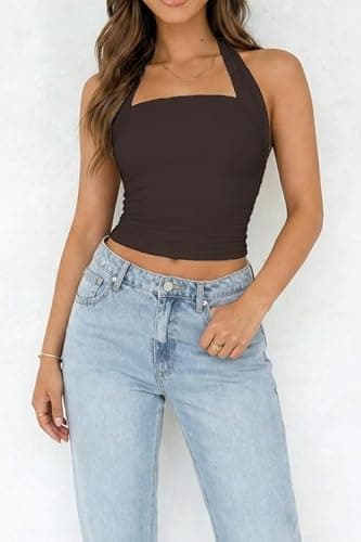 ForeFair Womens Backless Halter Tops Going Out Double Lined Crop Tank Top Open Back Sleeveless Slim Fit Y2k Summer Tops thumbnail 5