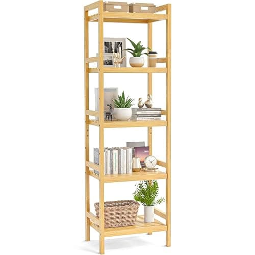 Homykic Bamboo Bookshelf, 5-Tier Narrow 55.9” Adjustable Book Shelf Bookcase Bathroom Shelves Freestanding Storage Stand for Living Room, Bedroom, Kitchen, Rust Resistance, Easy Assembly, Natural - Image 1