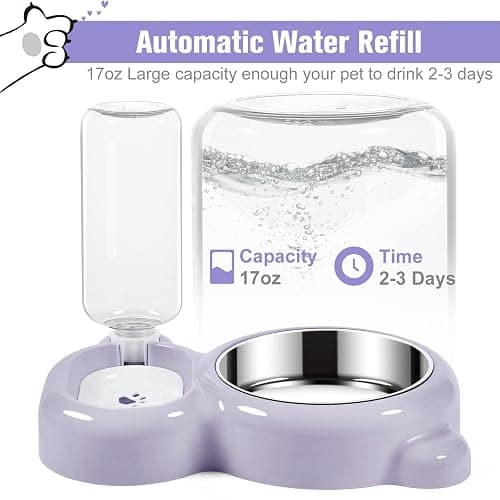 Dog Bowls, Cat Food and Water Bowl Set with Water Dispenser and Stainless Steel Bowl for Cats and Small Dogs - Purple thumbnail 2