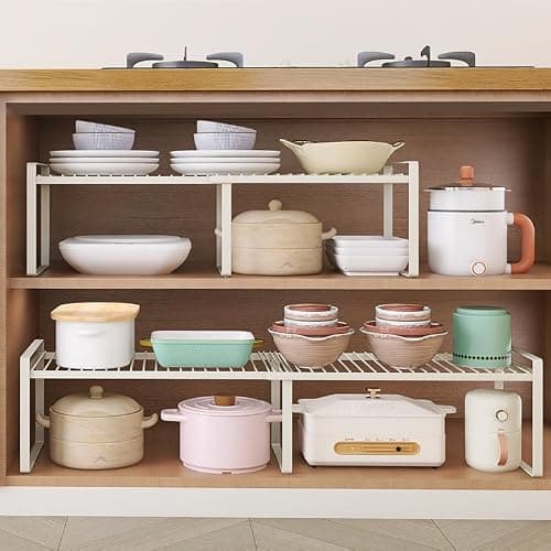 Homgertu 13"-24" L Expandable Cabinet Shelf Rack Set of 2, Stackable Kitchen Countertop Cupboard Organizers and Pantry Storage Shelves thumbnail 3
