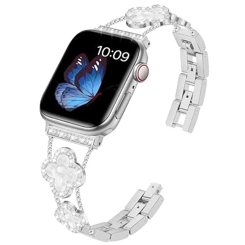 Tasikar Bling Diamond Women Band Compatible with Apple Watch Band 49mm 46mm 45mm 44mm 42mm 41mm 40mm 38mm Ultra SE Series 11 10 9 8 7 6 5 4 3 2 1 Lucky Clover Dressy Replacement Bracelet (Silver) thumbnail 2