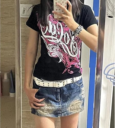 Grunge Shirts Emo Clothes Teen Girls Vintage Graphic Tee Y2k 2000s Goth Top Women Mcbling Short Sleeve Streetwear thumbnail 5