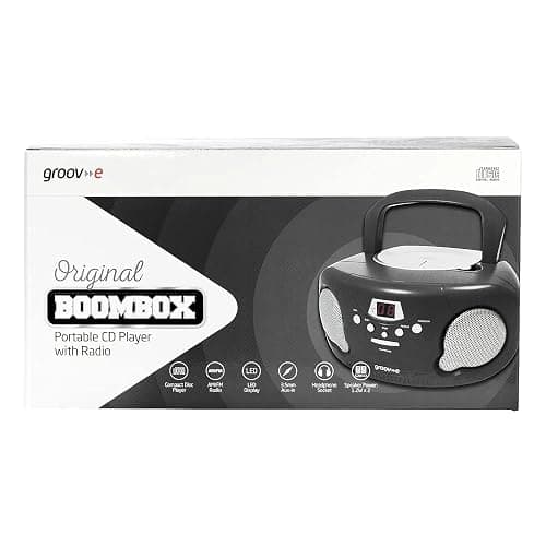 Groov-e Original Boombox - Portable CD Player with Bluetooth, Radio, 3.5mm Aux Port, & Headphone Socket - LED Display, 2 x 1.2W Speakers - Battery or Mains Powered - Black thumbnail 5