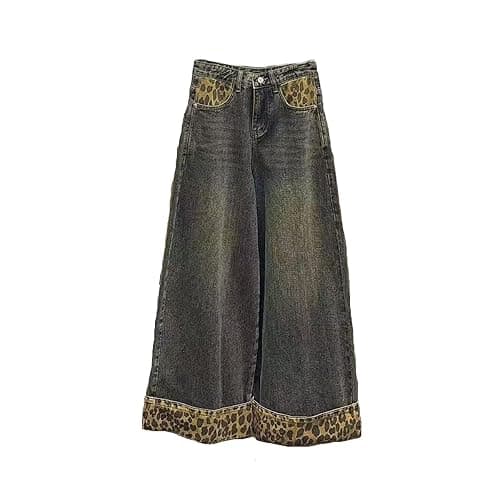 INFENU American Street Style Women's Retro Leopard Print Patchwork Jeans, Spicy Girl Street Loose Hip-hop Wide Leg Pants - Image 1