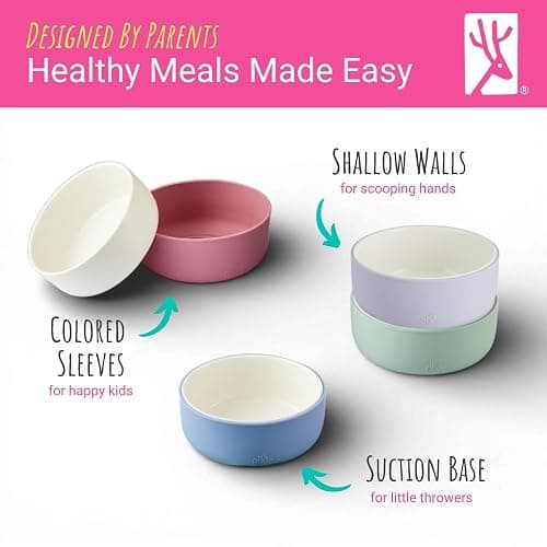 Elk and Friends Kids/Toddler Porcelain Bowls + Suction Sleeves | 4pk | Suitable for Babies | Silicone Suction Sleeve | Microwave + Dishwasher Safe | Baby-Led Weaning Supplies thumbnail 5