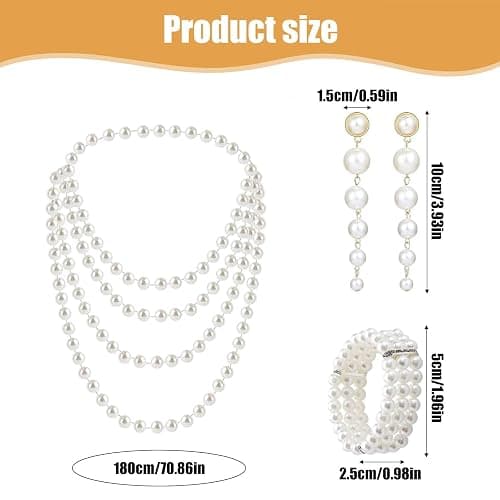 dinghaole 3 Pièces Parure de Bijoux en Perles en Plastique, 1 Collier de Perles Long, 1 Bracelet de Perles et 1 Paire de Boucles d'oreilles, pour Fête, Bal, Mariage, Festival thumbnail 2