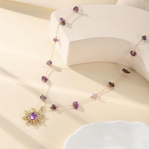 18K Gold Plated Necklace for Women Adjustable Link Gold Chain with Crystal Sun Pendant Necklace Summer Jewelry Purple & Green Stone Crystal Choker Healing Non Tarnish Birthday Gifts Trendy Jewelry thumbnail 4