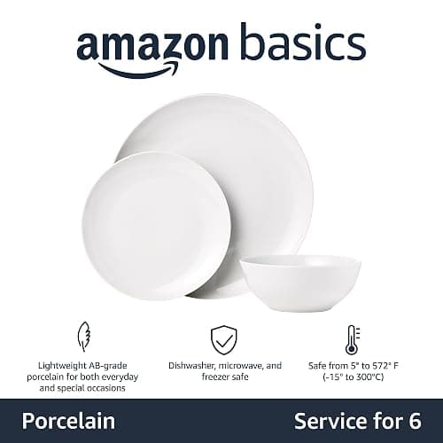 Amazon Basics 18-Piece Kitchen Dinnerware Set, Plates, Dishes, Bowls, Service for 6, White Porcelain Coupe - White Porcelain Coupe thumbnail 2