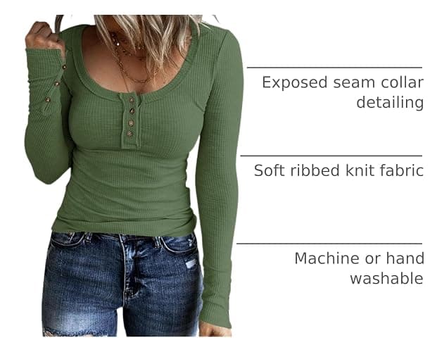 KINLONSAIR Women’s Long Sleeve Henley T Shirts Button Down Slim Fit Tops Scoop Neck Ribbed Knit Shirts thumbnail 3
