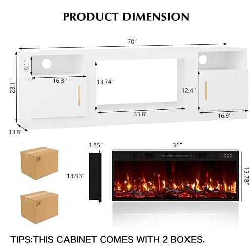 LEMBERI 70" Fireplace TV Stand for TVs up to 80", 36" Electric Fireplace 750W/1500W Entertainment Center with 20-Color LED, 300lbs Max Capacity High Gloss Storage Cabinet Console, White thumbnail 2