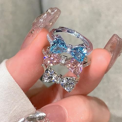 HUJUON Cubic Zirconia Cute Bowknot Finger Rings Adjustable Rhinestone Heart Crystal Butterfly Bowkont Open Rings Wedding Jewelry for Women thumbnail 8