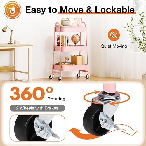 UOCFYK 3-Tier Metal Rolling Utility Cart, Small Rolling Cart Kitchen Trolley Bathroom Laundry Room Bar Office Shelves Storage Organizer Shelving Unit with Caster Wheels for Narrow Places, Pink thumbnail 5
