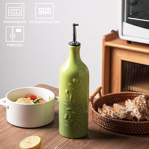 Sweejar Large Olive Oil Dispenser Bottle, 24 Oz Ceramic, Modern Relief Design, Dishwasher Safe, Gradient Green thumbnail 4