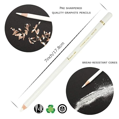 Brusarth Professional White Charcoal Pencils Set - 3 Pieces Sketch Highlight White Pencils for Drawing, Sketching, Shading, Blending, Adding Highlights thumbnail 4