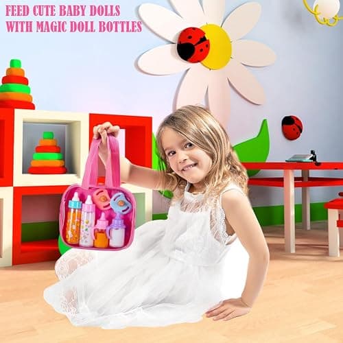 fash n kolor® My Sweet Baby Disappearing Doll Feeding Set, Baby Care 6 Piece Doll Feeding Set - for Toy Stroller | 2 Milk & Juice Bottles with 2 Toy Pacifier for Baby Dolls - Kids Gift Set thumbnail 4