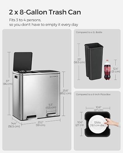 SONGMICS Trash Can, 2 x 8 Gallon (2 x 30 L) Garbage Can for Kitchen, with 15 Trash Bags, 2 Compartments, Plastic Inner Buckets and Hinged Lids, Airtight, Silver and Black ULTB60NL thumbnail 3
