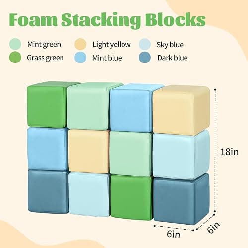Todiby Foam Building Blocks for Toddlers：12-Pieces Wipeable Leather Stacking Cubes Kids - Large Soft Toys Play Set for Learning Construction Baby Preschool Daycare Therapy Birthday Gift (Yellow Green) thumbnail 2