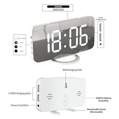 Miowachi Digital Alarm Clock,Large Mirrored LED Clock,Snooze,Dim Night Light 2 USB Charger Ports Desk Alarm Clocks for Bedroom Decor (White) thumbnail 5