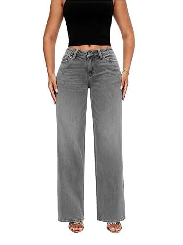 ONESO Mid-Low Rise Baggy Jeans Wide Leg for Women Distressed Pants Stretchy Bottom Lady Basic Comfortable Denim - Image 1