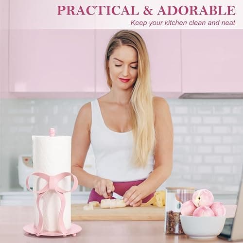 Shinlar Pink Bow Paper Towel Holder Coutertop - Bow Accent Paper Towel Holder, Pink Kitchen Decor and Accessories, Coquette Room Decor Girly Gifts for Women, 3D Handmade Pattern, Weighted Base thumbnail 6
