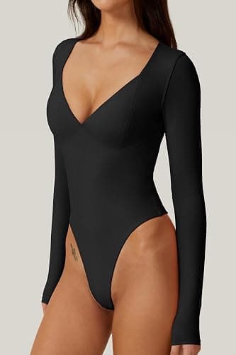 QINSEN Women's Long Sleeve Bodysuit V Neck Body Suits Seamed Cup Going Out Tops Shirt thumbnail 2