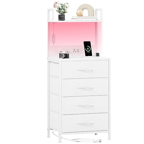 Somdot White Nightstand with Charging Station and LED Lights, Bedside Table Tall Night Stand with 4 Fabric Drawers and Top Shelf for Bedroom Guest Room Dorm Hallway - Image 1