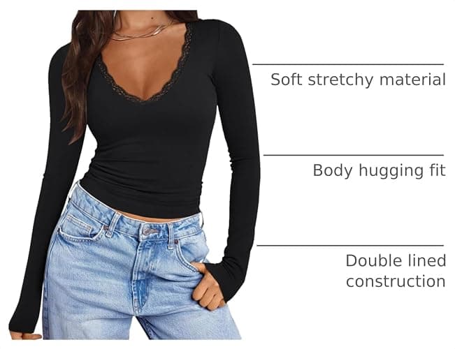 PINKMSTYLE Women Sexy V Neck Lace Long Sleeve Shirts Basic Fitted Double Lined Going Out Y2K Trendy Fall Tops thumbnail 4