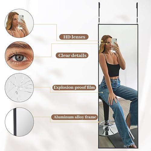 BEAUTYPEAK 16" x 50" Adjustable Height Over The Door Mirror, Full Length Hanging Door Mirror with Shatterproof Tempered Glass Aluminum Alloy Frame for Bedroom, Living Room, Bathroom, Dorm, Black thumbnail 3