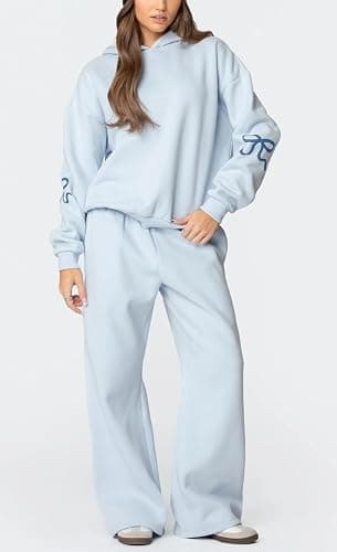 Pivanzore Polka Dot Sweat Set for Women Two Piece Bow Print Tracksuit Long Sleeve Hoodie Wide Leg Sweatpants 2 Piece Outfits thumbnail 3