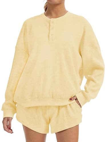 KCVVA Women Waffle Knit Lounge Set 2 Piece Oversized Long Sleeve Sweatshirt and High Waisted Shorts Outfit - Image 1